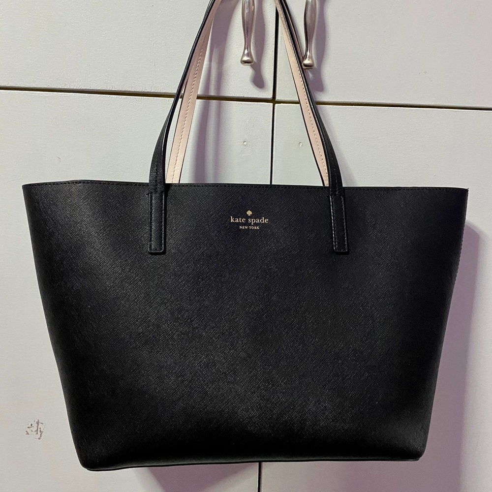 KATE SPADE medium Black Leather Tote Bag Gold Zip